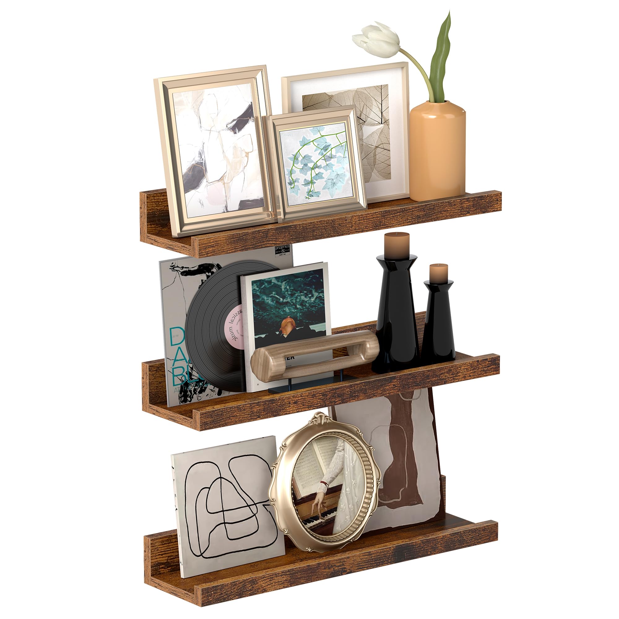 VASAGLE Hanging Wall Shelves, Set of 3, Floating Shelves, 38 cm Length, with High Edges, for Picture Frames, Decoration, Spices, for Kitchen, Living Room, Rustic Brown LWS037X01