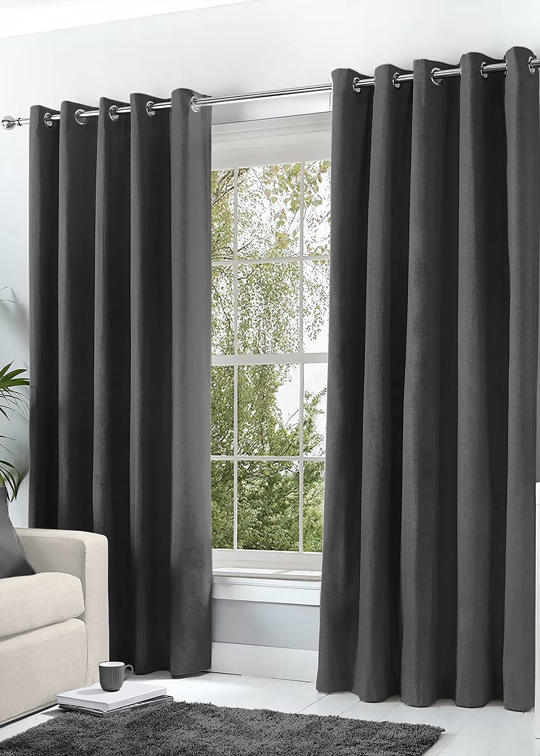 Hachette Thermal Blackout Curtains Eyelet Ring Top Including Pair of Tiebacks (Charcoal Grey, 46" X 72")