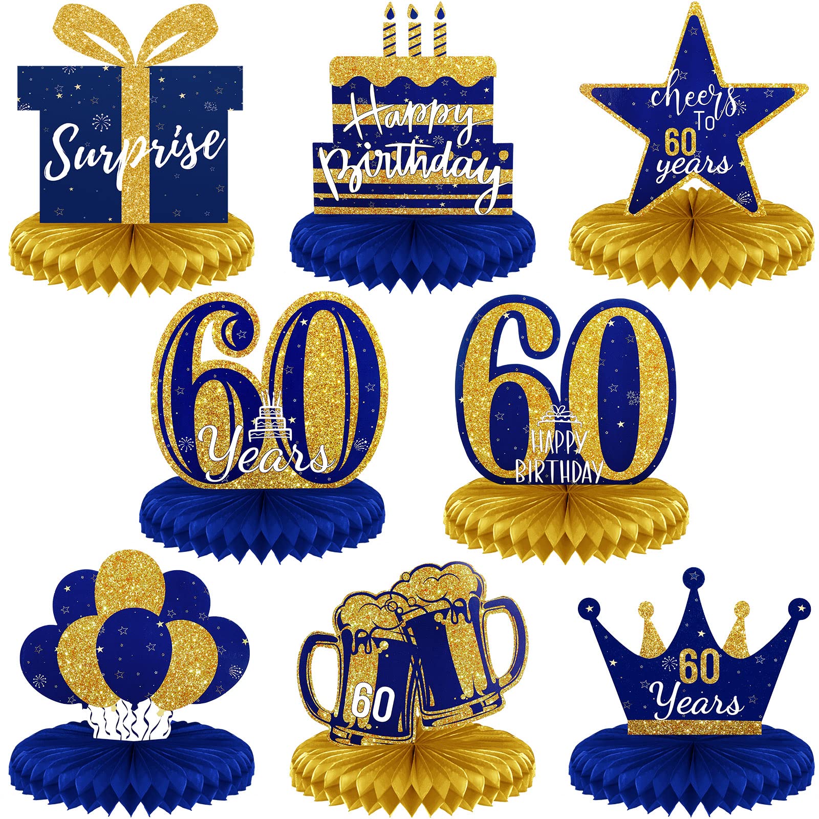 Photo 1 of Spakon 8 Pieces Blue Gold 60th Birthday Table Decorations 60th Birthday Honeycomb Centerpieces Glitter Table Toppers Blue and Gold Party Decorations for Men and Women Party Supplies
