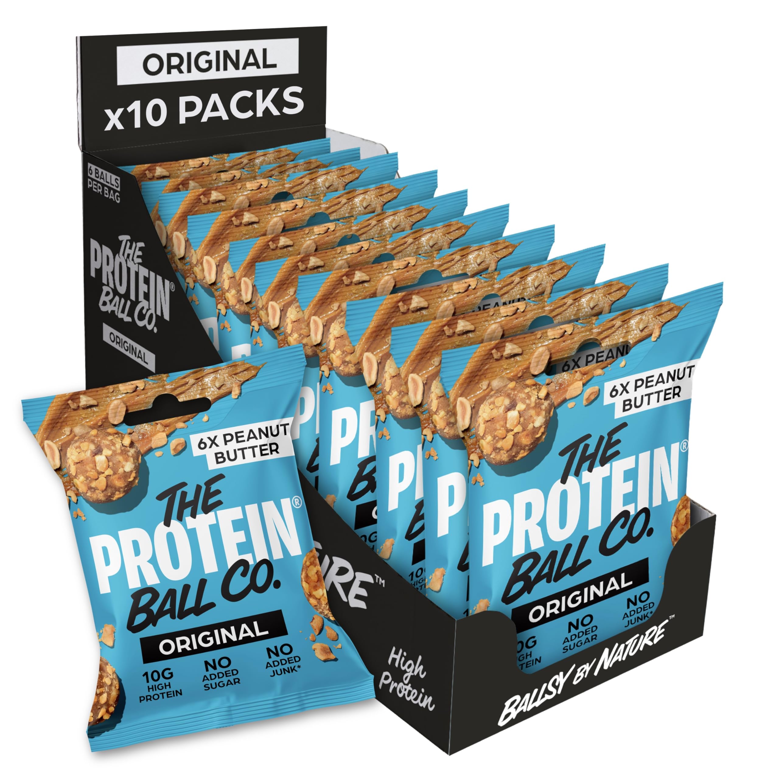The Protein Ball Co Peanut Butter Protein Balls - Healthy Snacks, Gluten-Free, No Added Sugar - On-the-Go Energy Balls, Box of 10 Bags