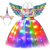 Soyoekbt Girls Unicorn Costume LED Light Up Unicorn Princess Tutu Dress for Birthday Party Halloween with Headband Wing