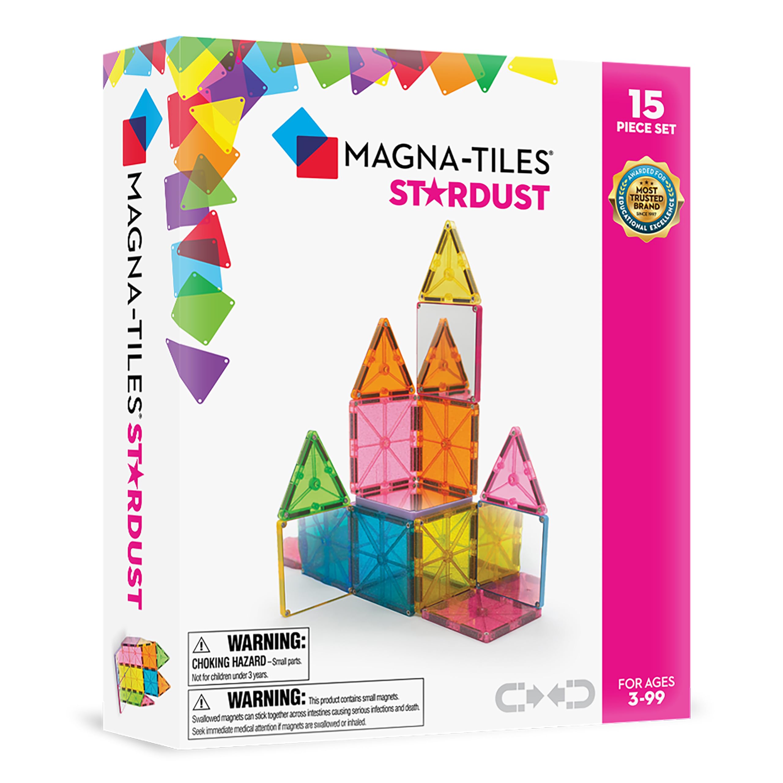 Magna-Tiles Stardust 15 Piece Set - 3D magnetic building tiles,for For Ages 3+, 9 x 2 x 7.5 inches, Glitter and Mirrors