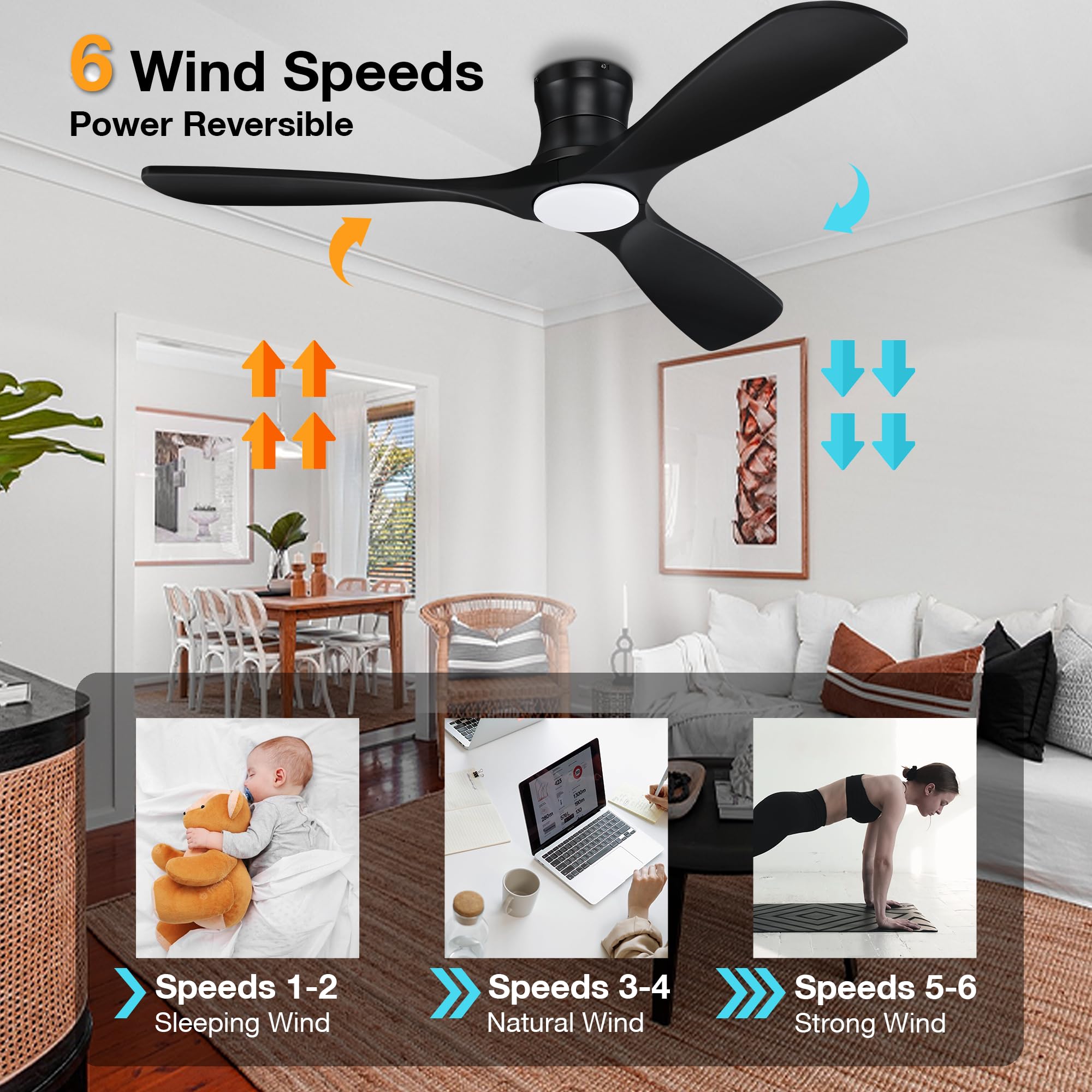 Hoenofly 52” Smart Wood Low Profile Ceiling Fan with Lights Remote,Quiet DC Motor,Outdoor Indoor Flush Mount Ceiling Fans Controlled by WIFI Alexa App,Modern Black for Bedroom Living Room Patio Porch