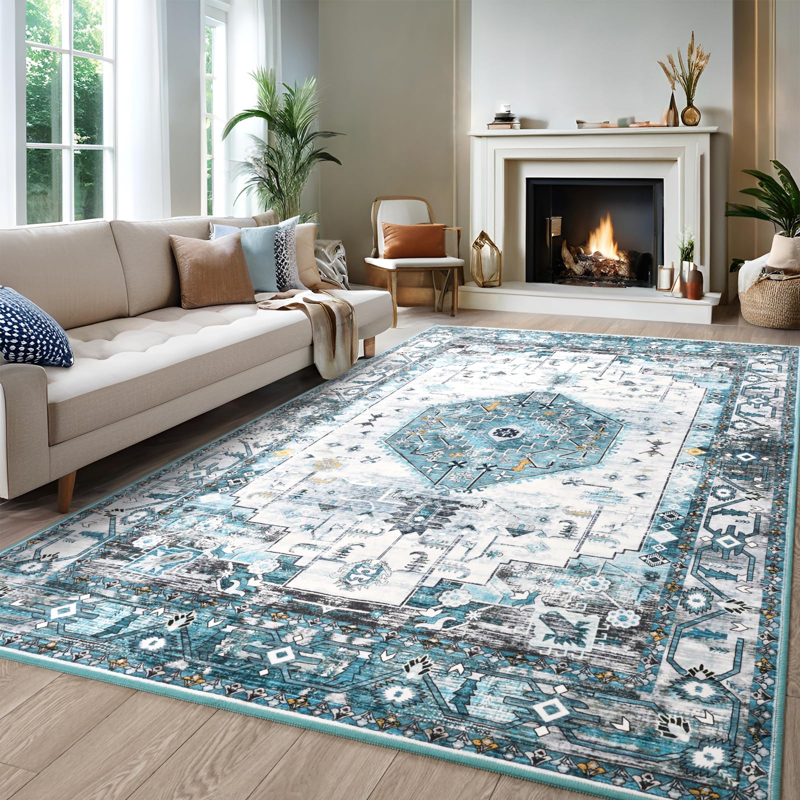 Photo 1 of 5x7 Area Rugs for Living Room, Non Slip Vintage Floral Rug for Bedroom Dining Room, Low Pile Indoor Carpet for Nursery, Kitchen, Office Home Decor, Blue