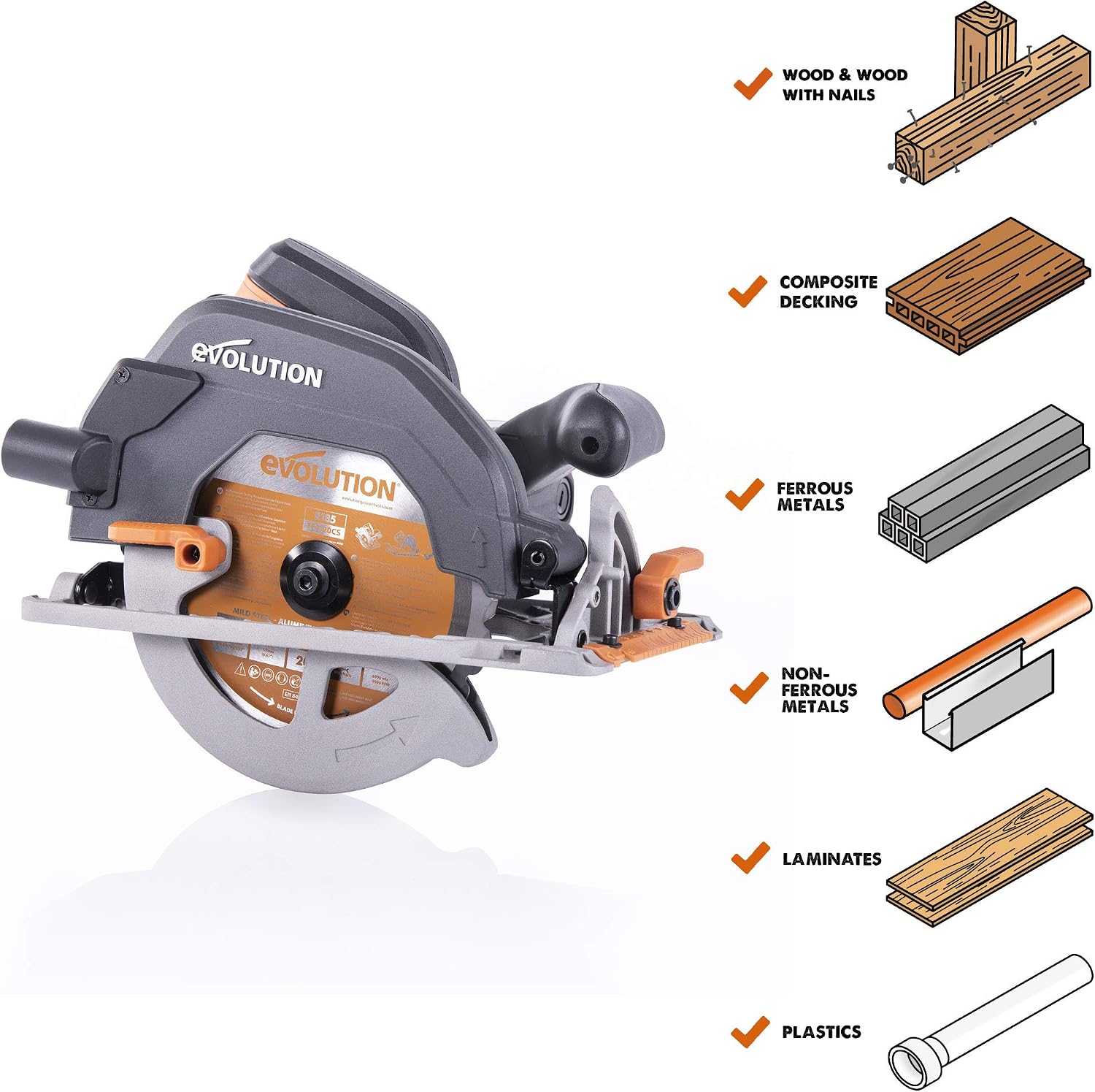 Evolution Power Tools R185CCS Multi-Material Circular Saw, 1600 W, 110 V-Site Use(3-pin round Industrial Plug), Black / Orange - Image 3