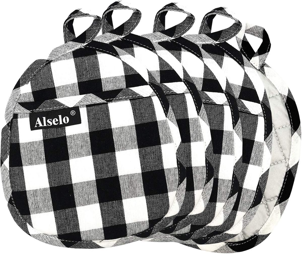 Alselo Pot Holder Set of 5 Heat Resistant Potholder, Professional Baking Food Safe Hot Pat Cotton with Silver-Plated for Kitchen Cooking Barbecue (Black/White, 5): Kitchen & Dining