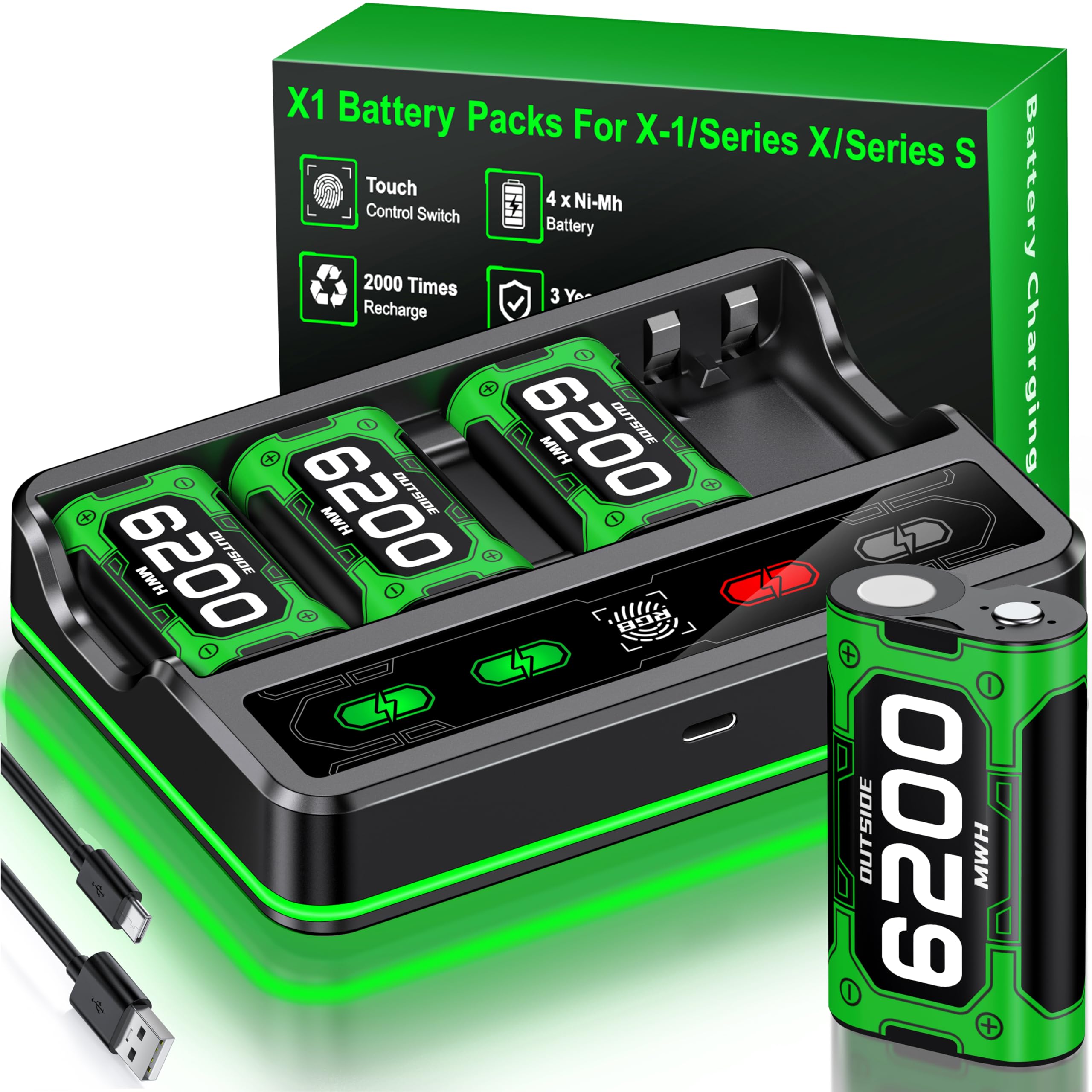 Upgraded Fast Charging Rechargeable Battery Pack for Xbox -4x6200mWh Batteries with Light Control &Charger Dock -Compatible with Xbox Series X|S,One S/X,Elite Controllers, Charger Sets, Black