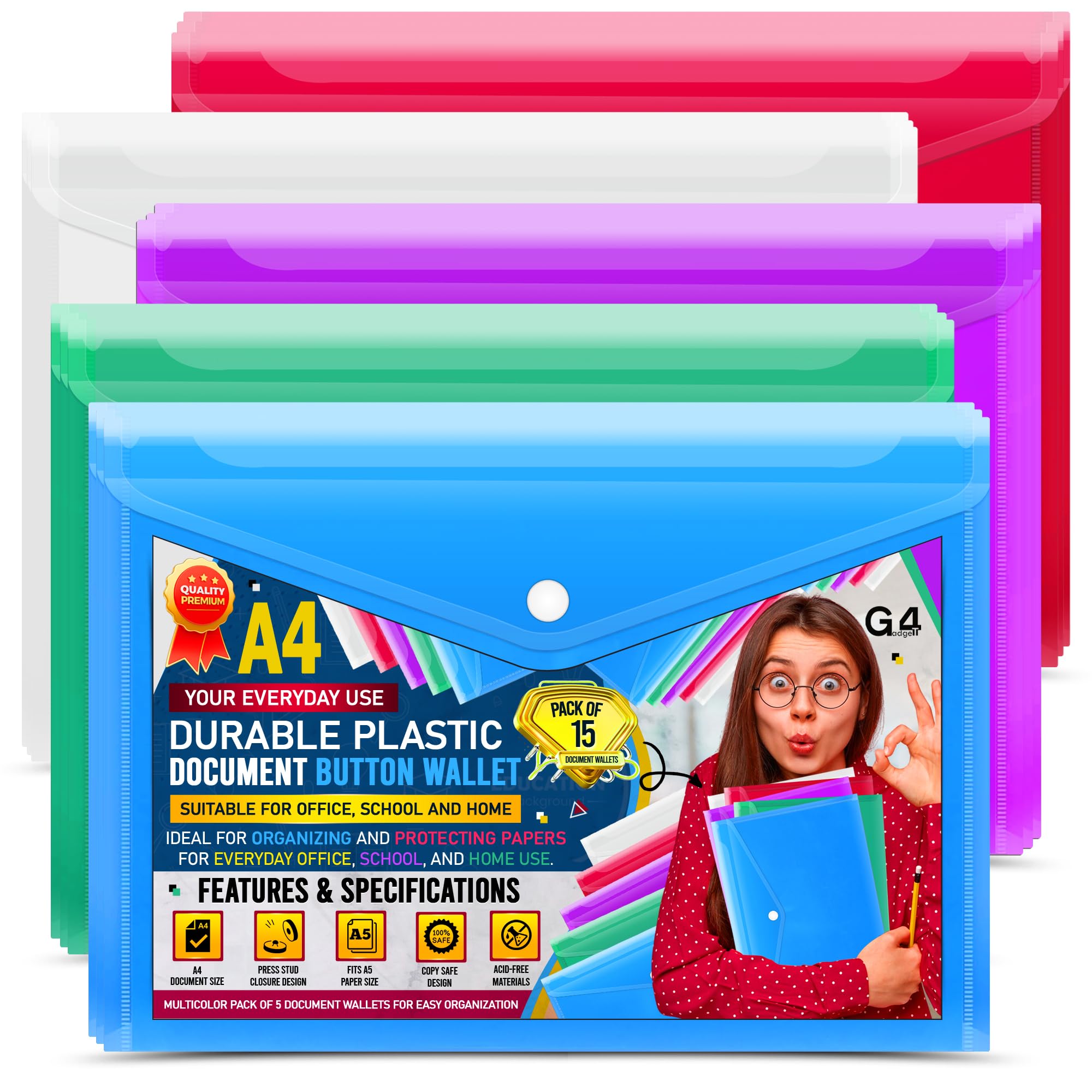 15 A4 / Foolscap Bright Transparent Popper Wallet/Paper Wallets - Assorted Colours