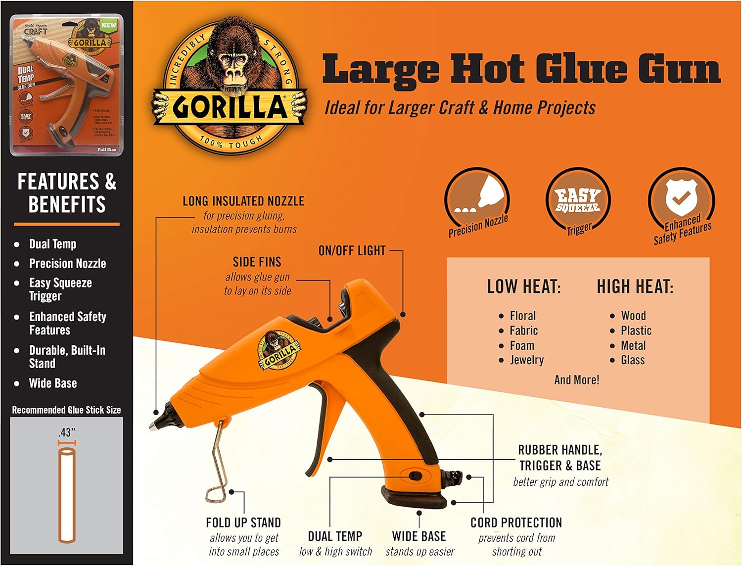 Gorilla 100426 Full-Size Hot Glue Gun, Orange: Home Improvement
