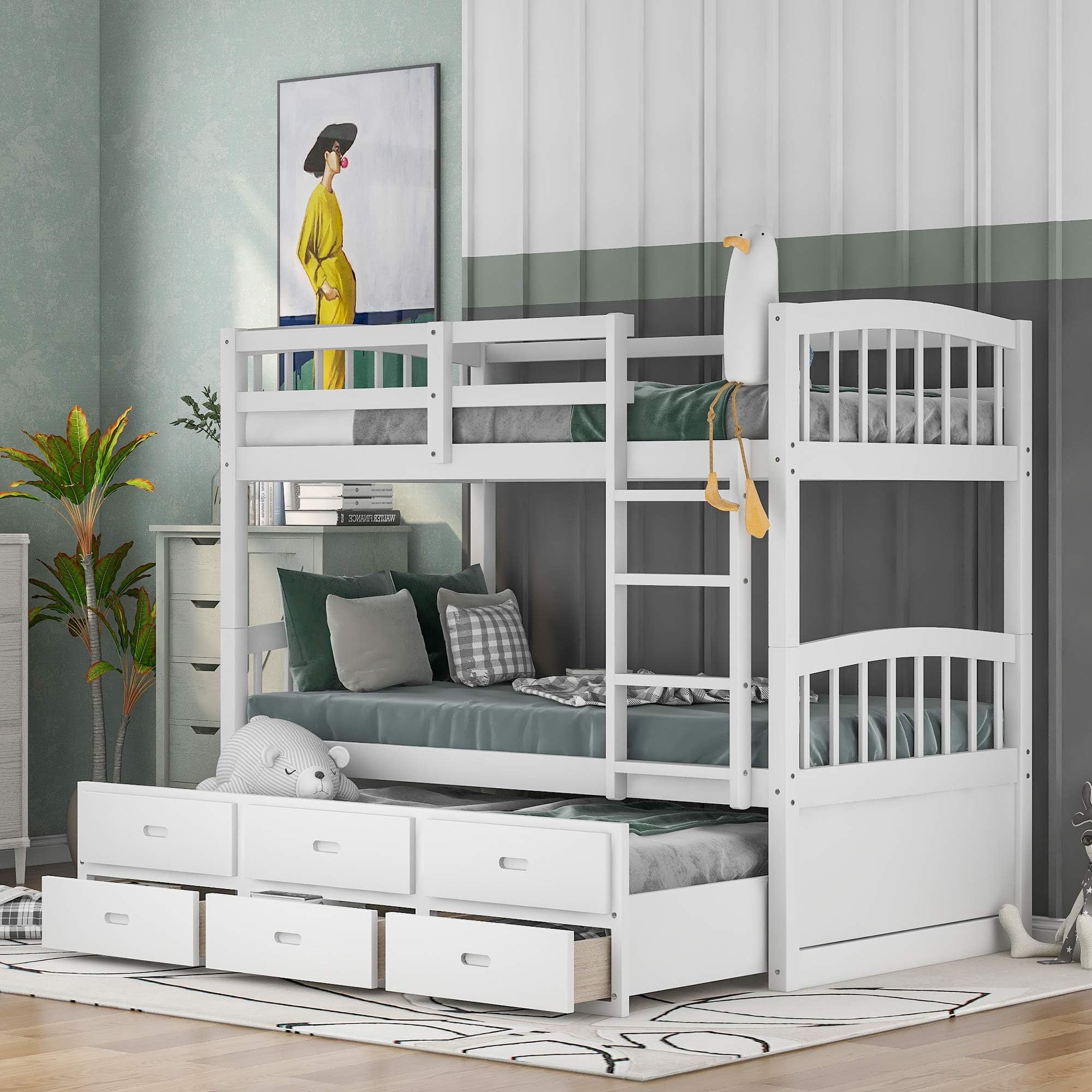 Bunk Beds for Kids, Twin Over Twin Bunk Bed with Trundle Drawers and Safety Ladder, Wood Twin Bed, Teens Bedroom Bed (White)