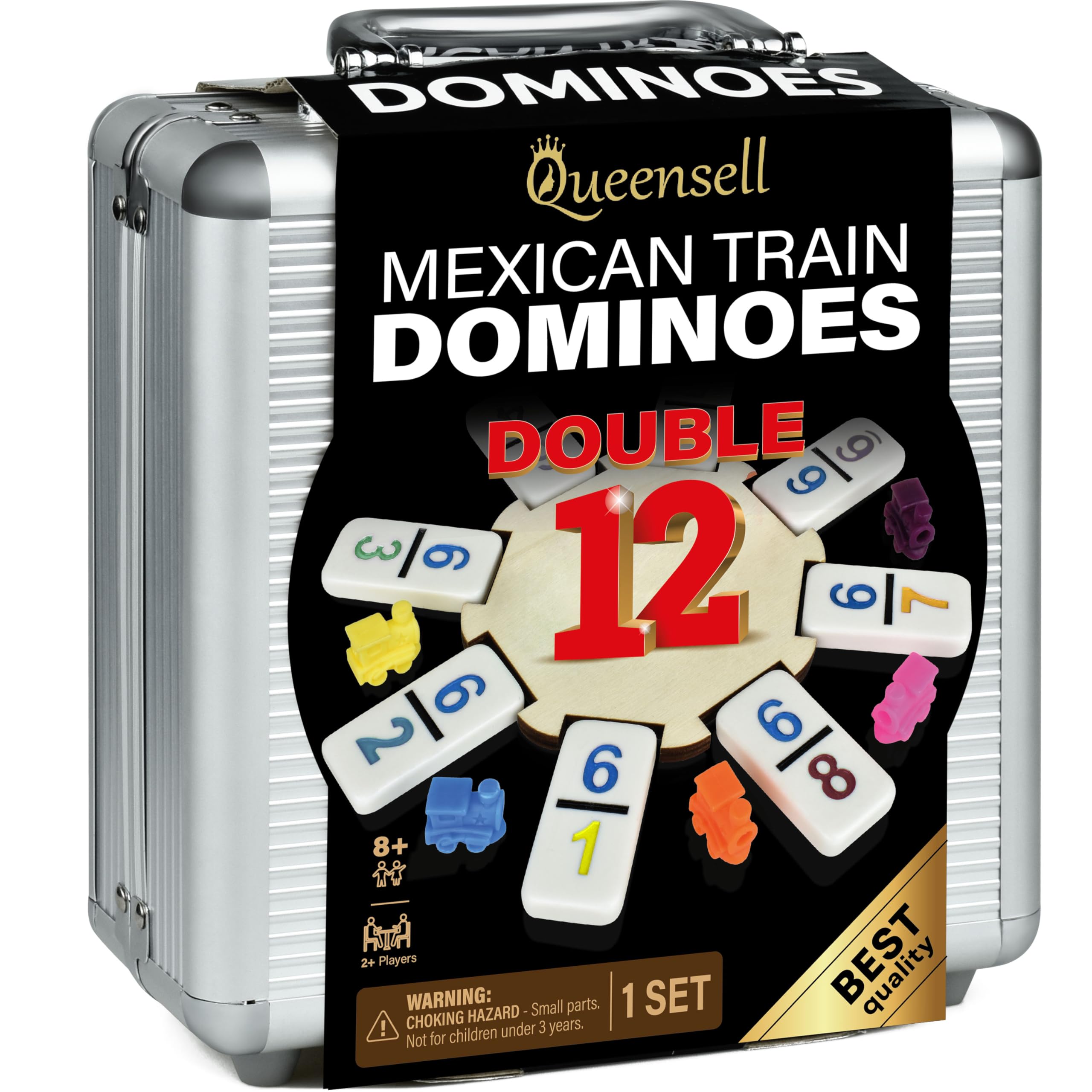 Queensell Mexican Train Dominoes Set with Numbers, Double 12 Dominoes Sets for Adults, Mexican Domino Train for Adults and Family - Domino Sets 91 Tiles with Aluminum Case