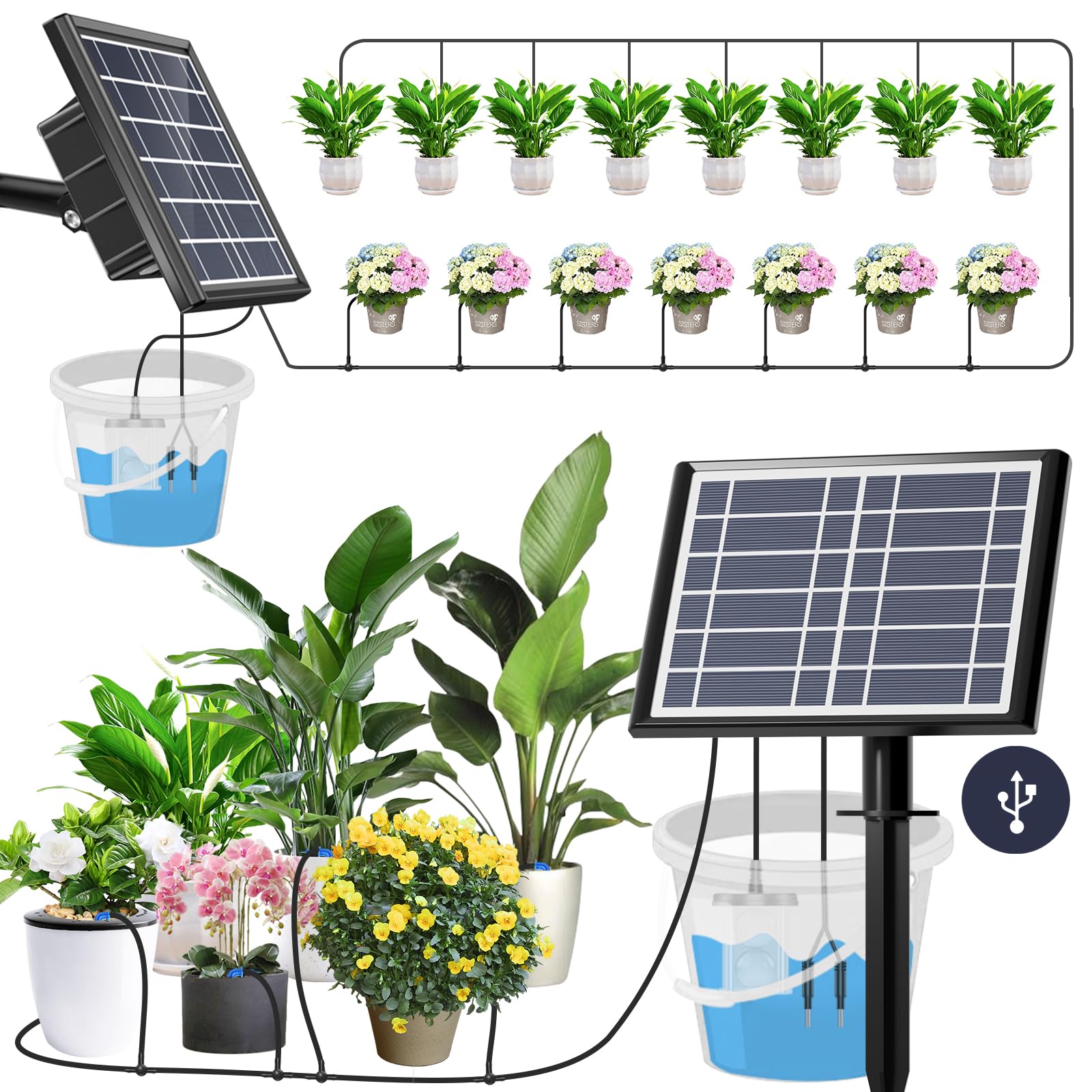 Photo 1 of 49FT Solar Drip Irrigation Kit System, 900ml/min Garden Watering System?3W 3000mAh Larger Capacity?Automatic Raised Bed Watering System for 15 Potted Plants