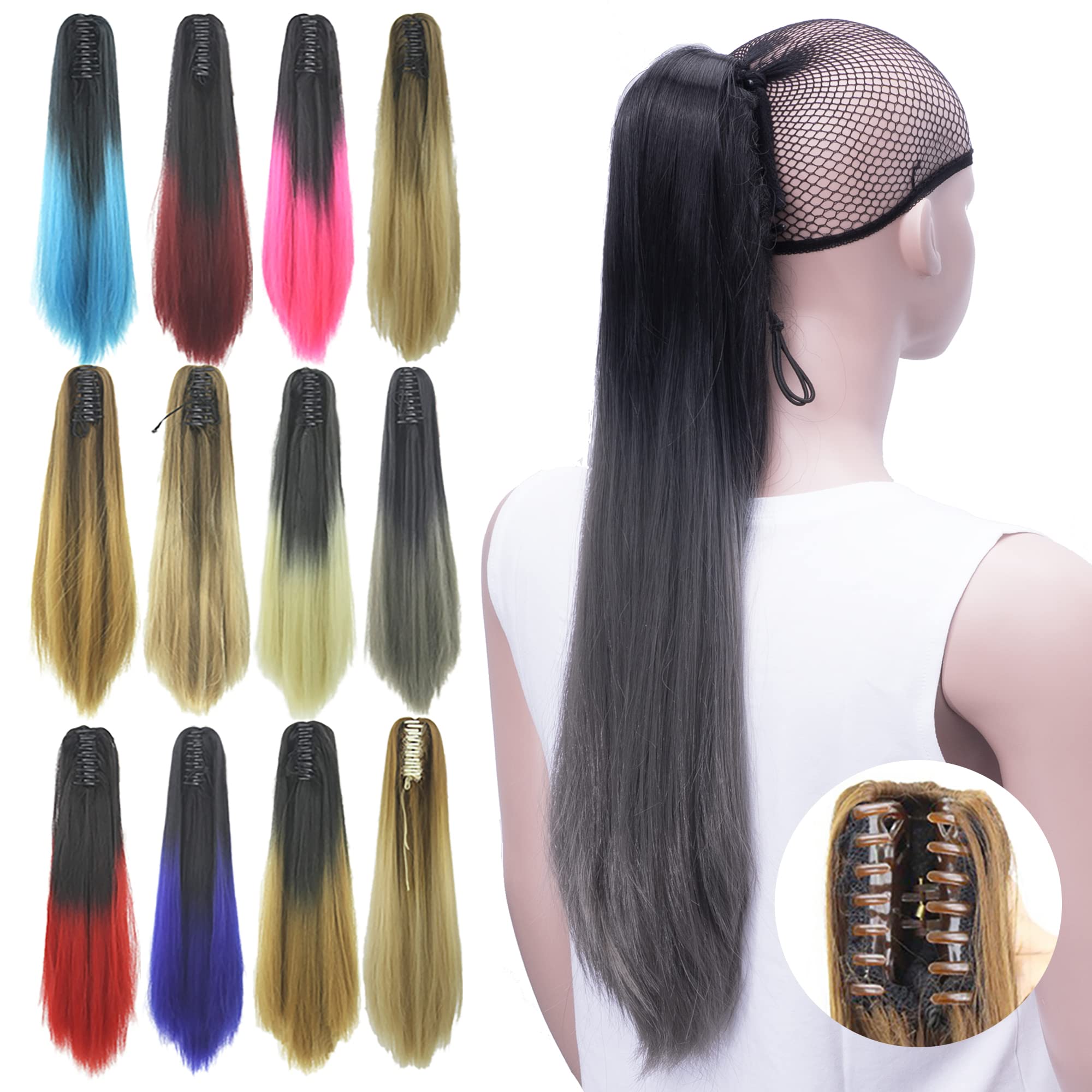 IMISSU Straight Clip on Hairpiece Extensions Pony Tail Clip Claw Ombre Ponytail Hair Pieces (Ombre Dark Grey)