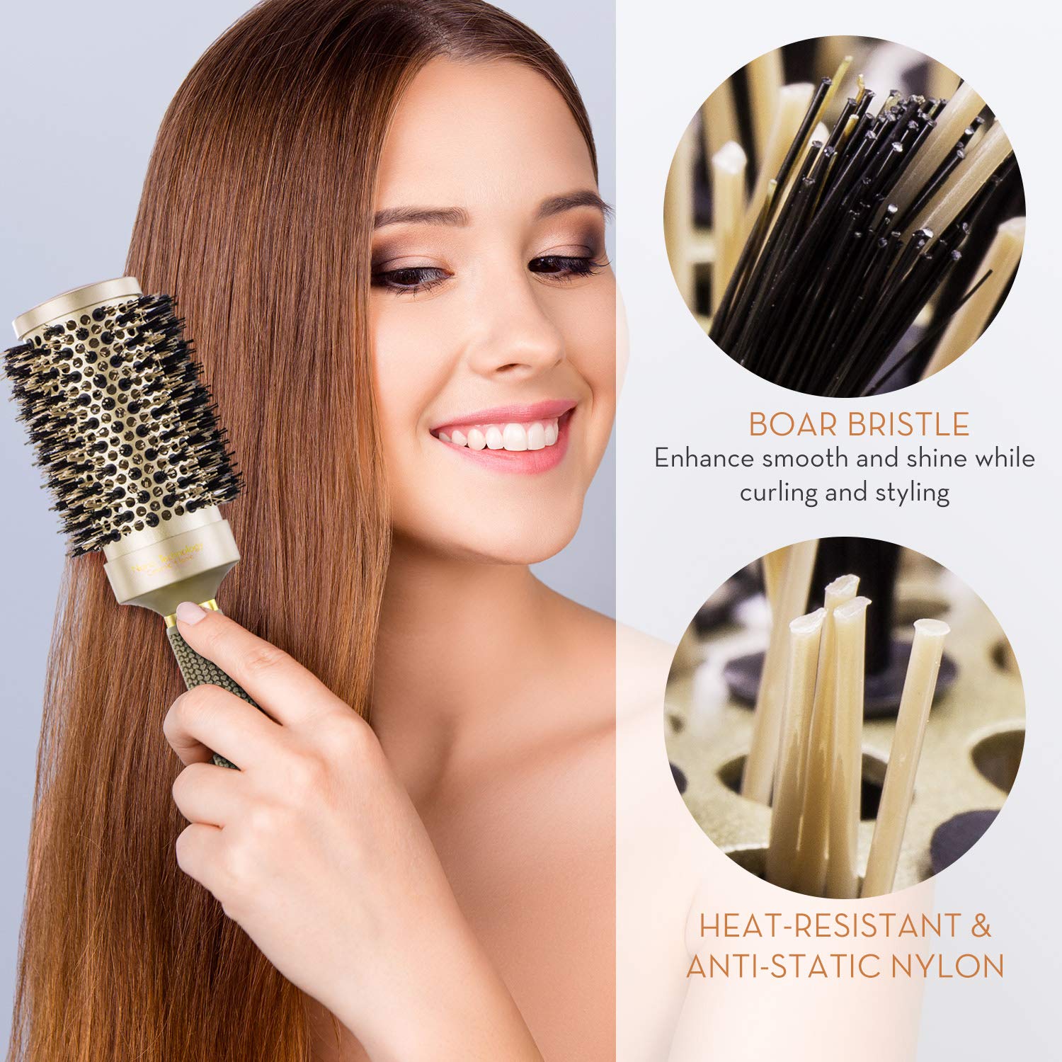 Round Brush, Nano Thermal Ceramic & Ionic Tech Hair Brush, Round Barrel Brush with Boar Bristles, Enhance Texture for Hair Drying, Styling, Curling and Shine (Barrel 2.1 inch) + 4 Free Clips by Aimike : Beauty