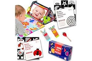 Little Learner Empire 39 Pcs Brain Development Toys - Tummy Time Mirror - High Contrast Baby Flashcards - Wrist Rattle Socks - Wooden Maraca - Newborn Essentials Must Haves Gift