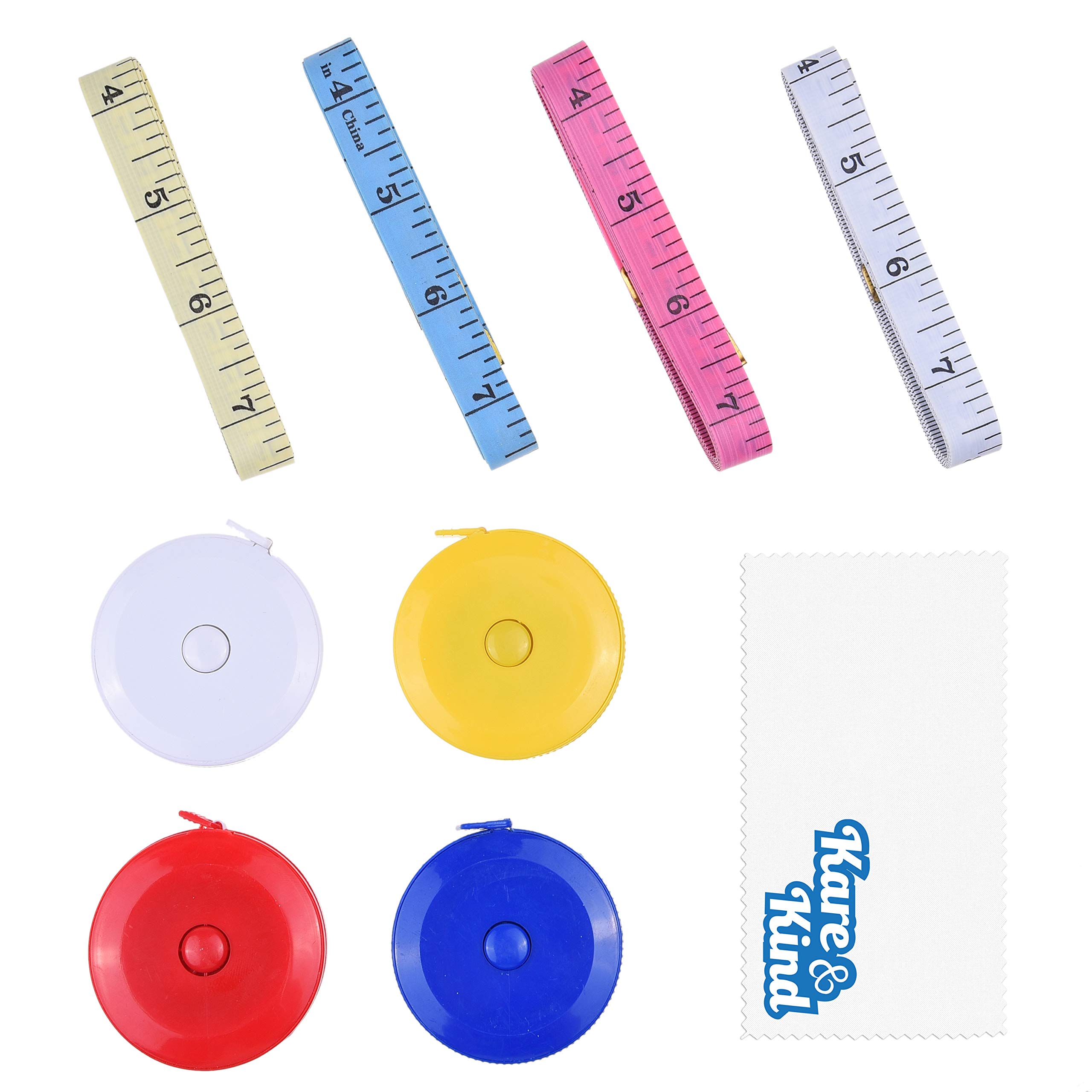 Kare & Kind Tape Measure Set - 4x Retractable (Push Button) Mini Tape Measure (Blue/Red/Yellow/White) - 4x Soft Vinyl Body Tape Measure (Random Colors) - Sewing, Crafts, Cloth, Waist, Body Measurement