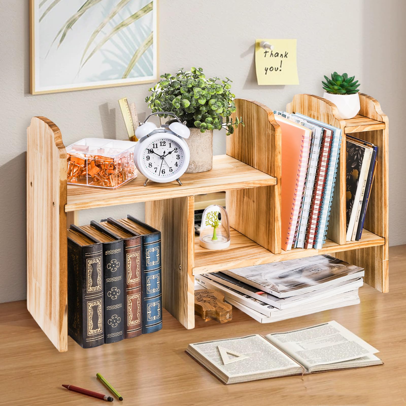 Photo 1 of WRINGKIT Adjustable Desktop Storage, Wood Display Bookshelf with 7 Compartments, Expandable Desk Shelf Hutch, Office Storage Rack for Desk Table Storage and Organization