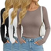 Oakgarden 3 Pack Women's Ribbed Long Sleeve Tops Crew Neck Slim Fit Cotton Shirt Basic Casual Tee with Thumb Hole