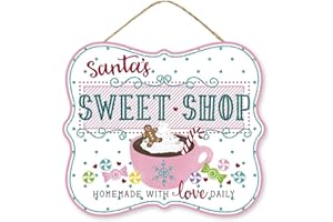 Craig Bachman, 10" Wooden Sign: Santa's Sweet Shop - Pink Christmas Decorative Candy Theme Wooden Wreath Accent Tree Sign