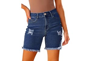 luvamia Jean Shorts for Women High Waisted Trendy Casual Distressed Stretchy Denim Long Shorts Ripped Raw Hem Shorts