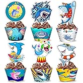 48PCS Shark Themed Birthday Party Decorations | 24PCS Cupcake Toppers 24PCS Cupcake Wrappers Party Favors Supplies Ocean Sea Animals Centerpiece Table Gifts for Boys Girls Carnival Prizes