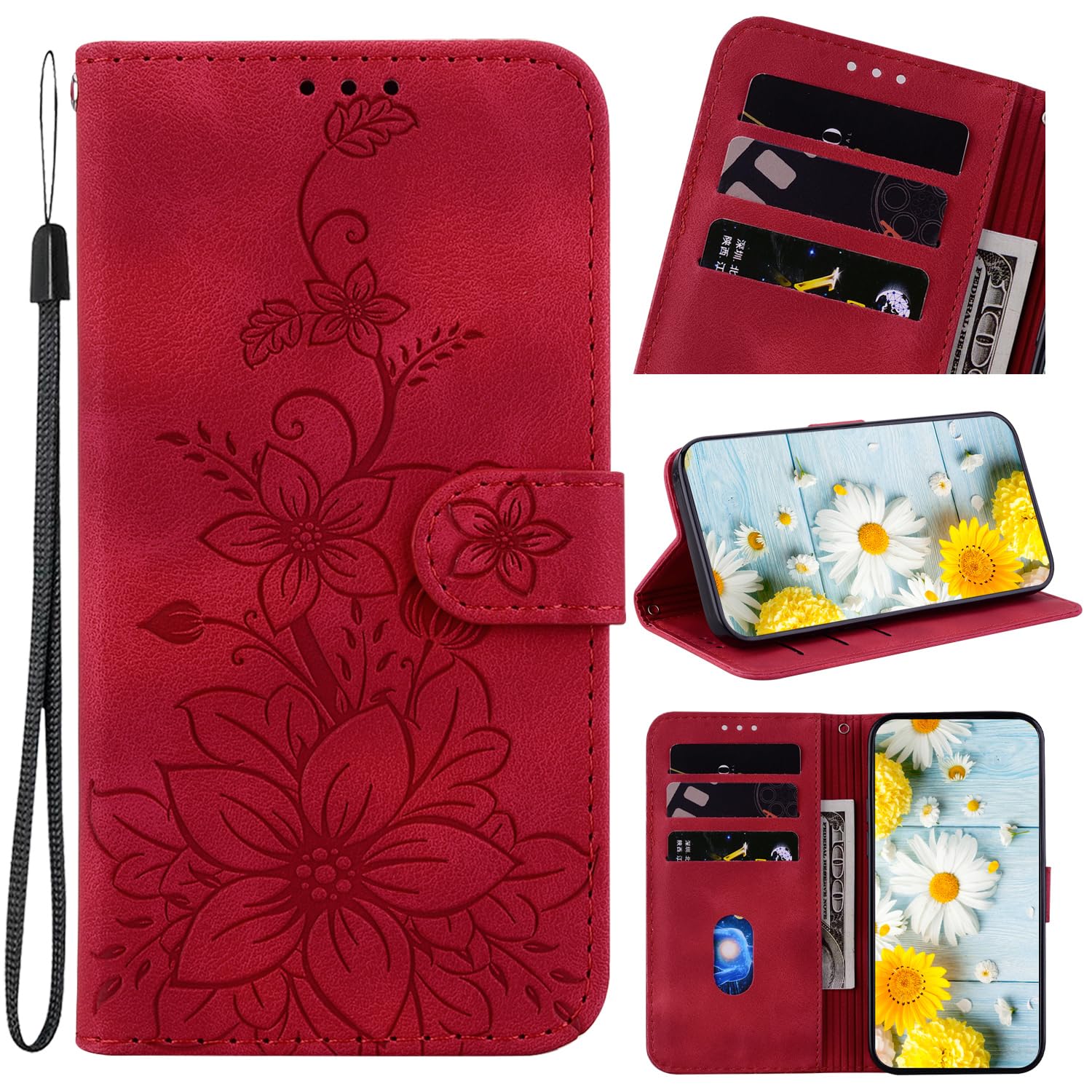 Rosbtib Case for Xiaomi 14T Pro Case PU Leather with Card Slot Stand Function Magnetic Flip Case for Xiaomi 14T Pro 6.67 inch 2024 - Red Lilies