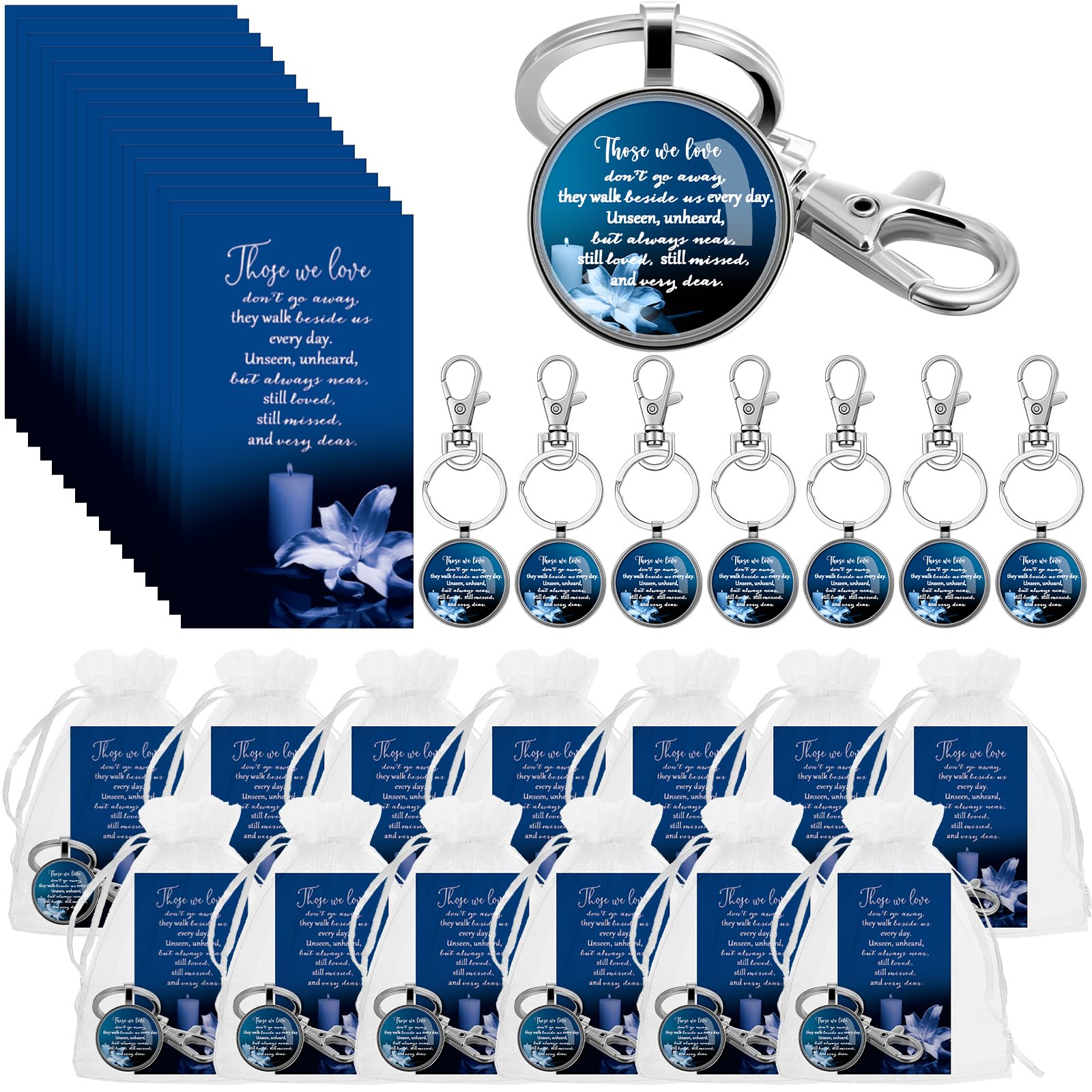 Photo 1 of Junkin Funeral Favors for Guest Including Remember Keychain Prayer Cards Organza Bags for Memorial Celebration of Life(Dark Blue,48 Sets)