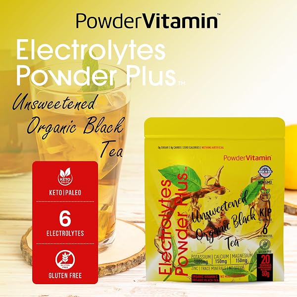 POWDERVITAMIN ELECTROLYTES POWDER PLUS (20 SERVINGS) UNSWEETENED BLACK TEA ELECTROLYTE POWDER KETO,SUGARFREE, PINK HIMALAYAN SALT,1000MGPOTASSIUM,150MGCALCIUM,150MGMAGNESIUM,HYDRATION POWDER NO STEVIA