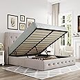 Allewie Queen Size Lift Up Storage Bed, Button Tufted Headboard with Wingback, Hydraulic Support, No Box Spring Needed, Light Beige