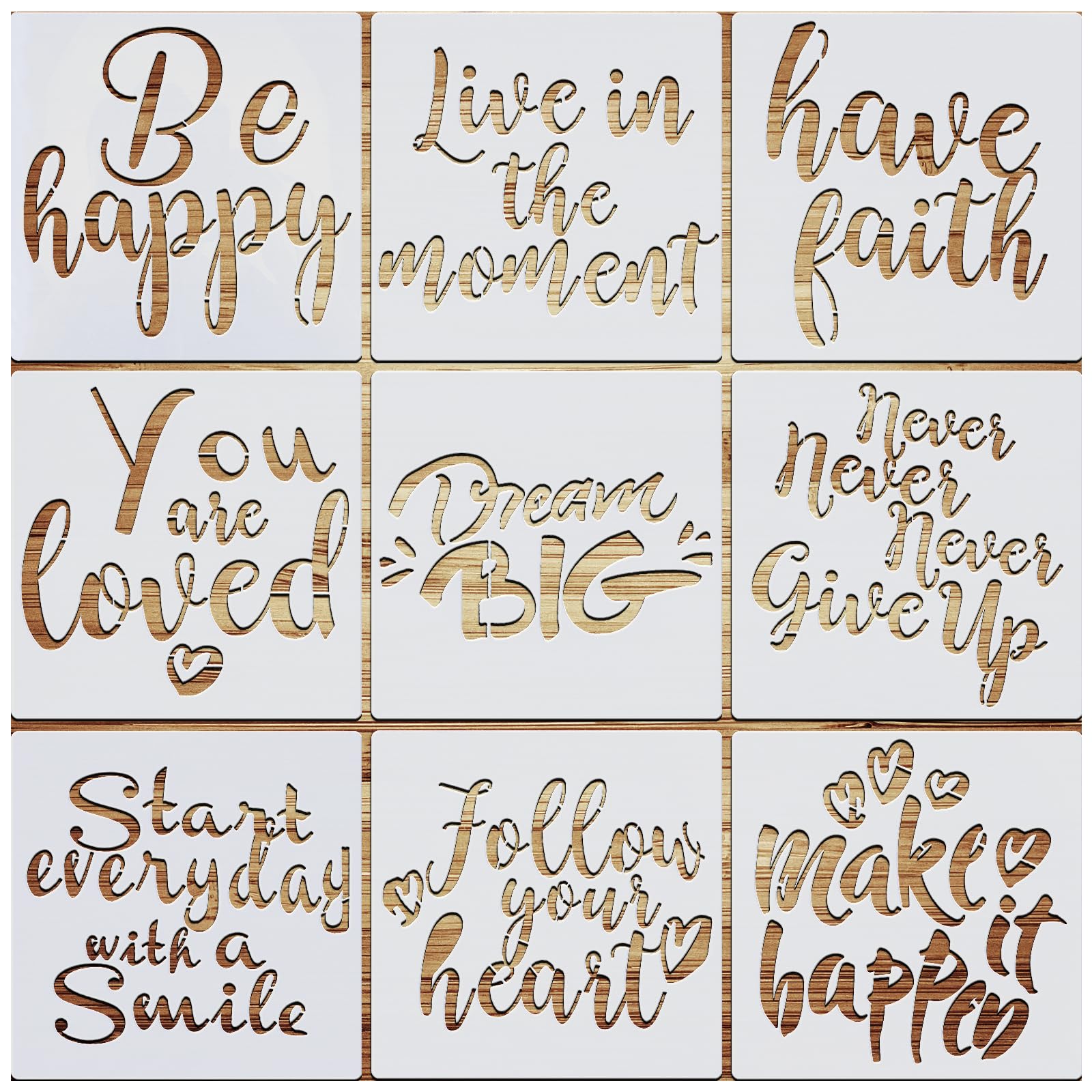 VETPW 9 Pcs Motivational Drawing Painting Template Craft Inspirational Quote Stencil Set, Reusable Shapes Word Stencils Scale Templates for Floors, Window, Furniture, Wood, Wall Design, 20x20CM