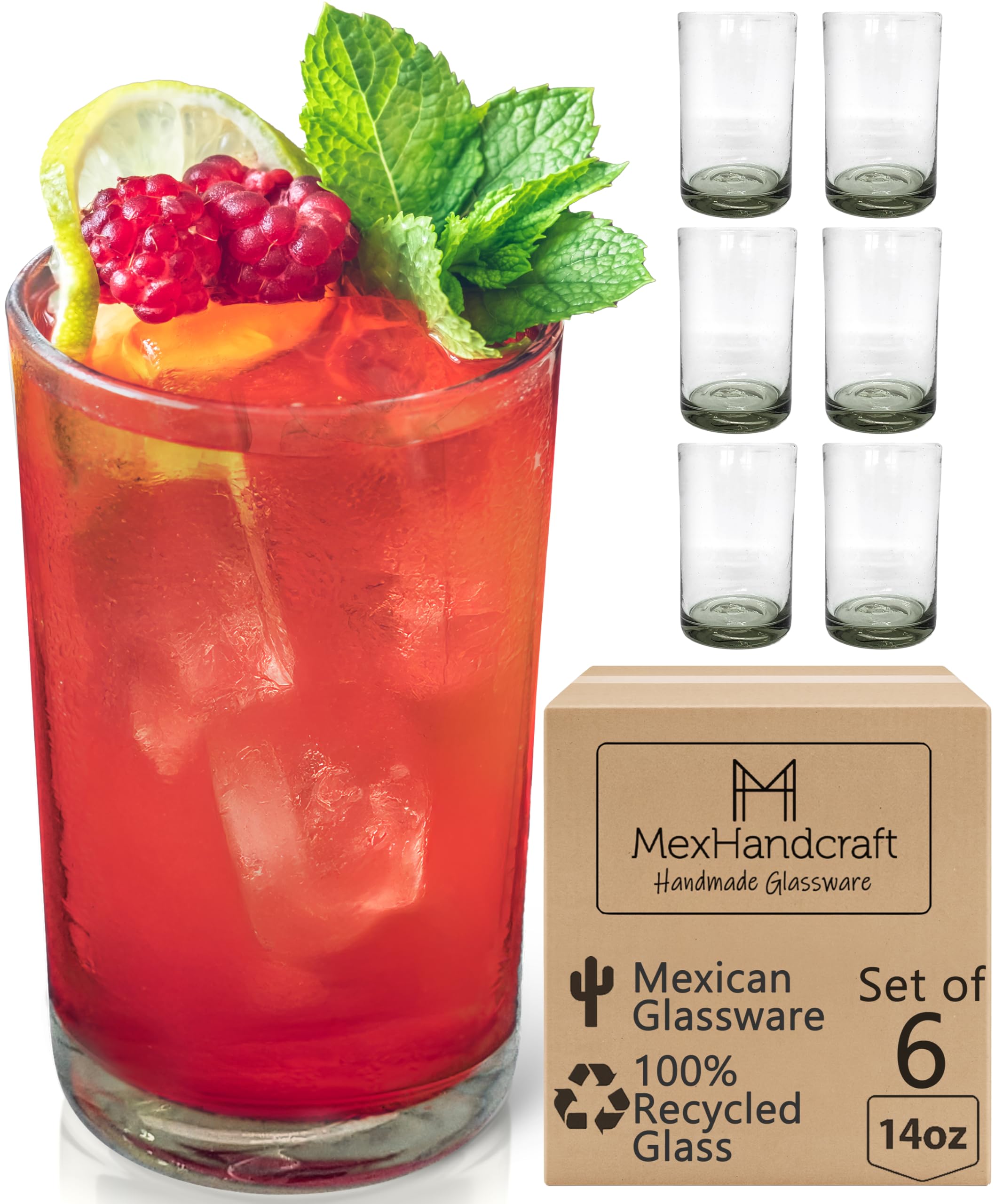 Photo 1 of Clear 14 oz Drinking Glasses (set of 6), Hand Blown Mexican Glassware, Recycled Glass Drinking Glasses, Lead-Free, Cocktail Margarita Glasses, Wine Glasses, Shot Glasses, Whiskey Glasses (Drinking)
