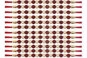 CRAFTSMAN SATVIK 12 Pc Set of Rudrakash Beads Rakhi for Brother Bhaiya Bhabhi Traditional Handmade Round Jerkan Stone Designer Rakhi Set with Roli Chawal, Greeting Card & Soun Stickers Indian Festive Rakshabandhan Bro Bracelet Thread Rakdi Rakhee Gift Set