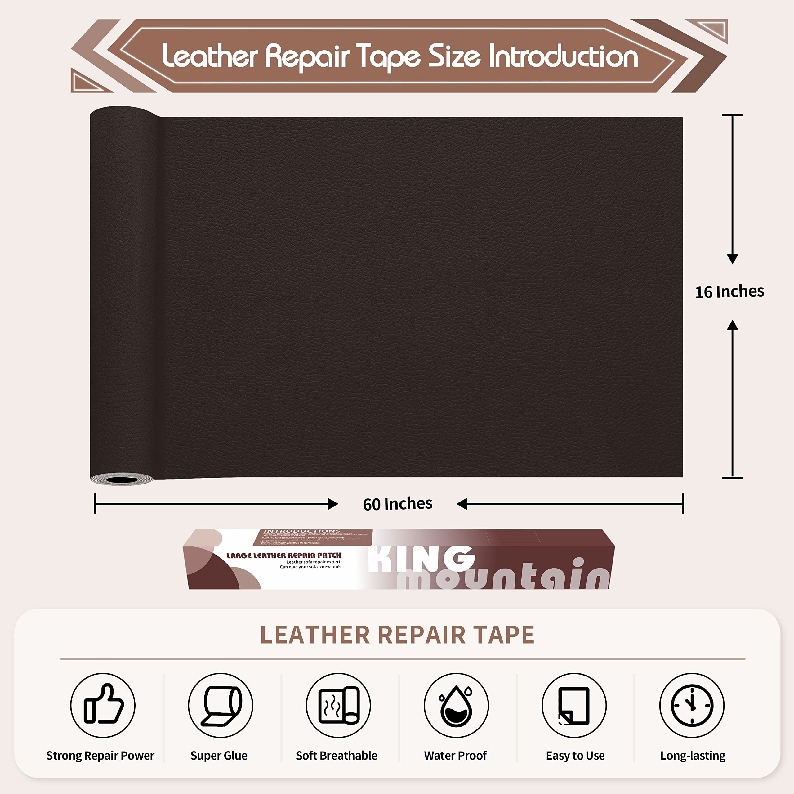KING MOUNTAIN Leather Repair Patch,16 x 60 Inches self Adhesive Leather Repair Tape for Damaged Leather Furniture, Sofa Seating,Car Seats, Leather Goods(Dark Brown)