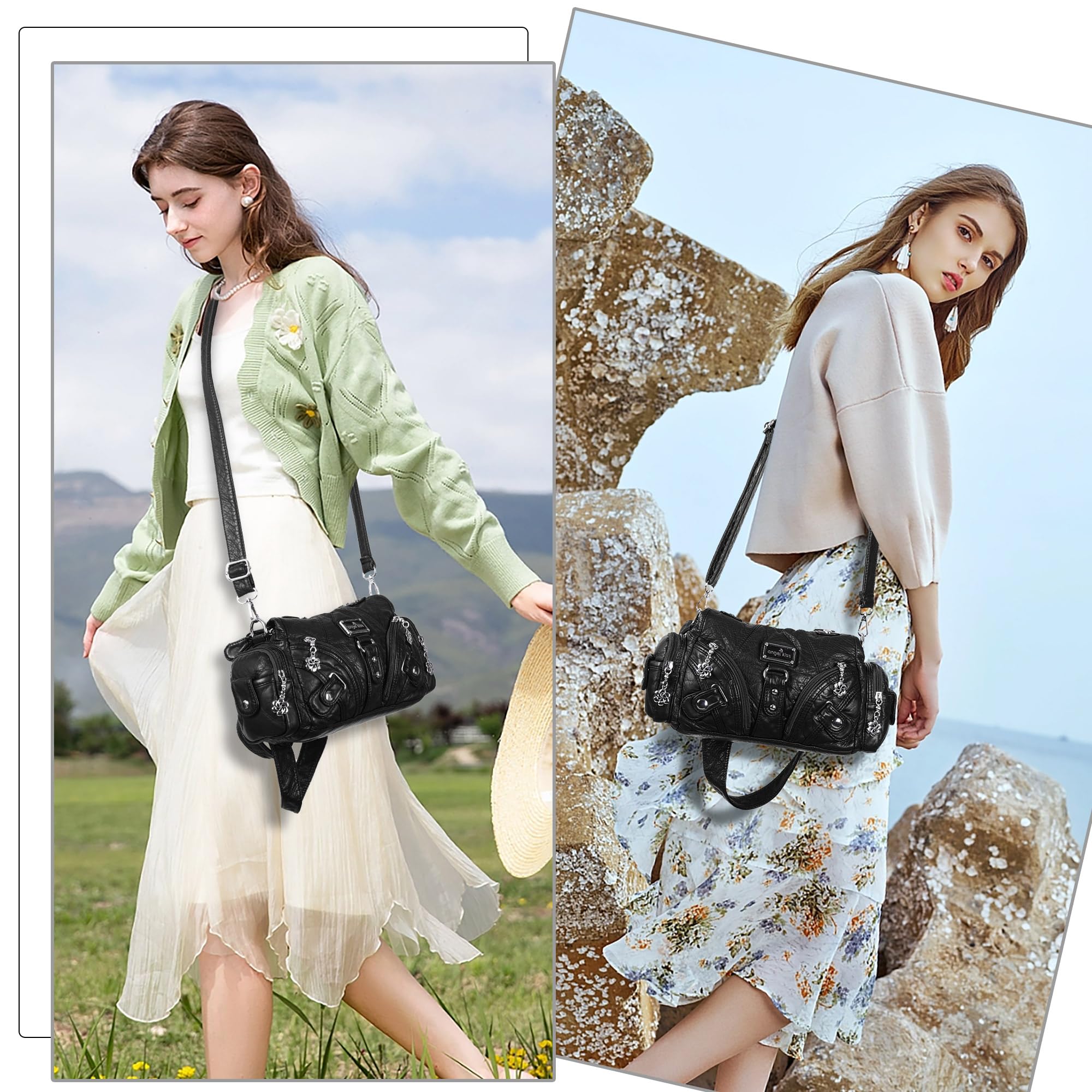 Angel Kiss Purses for Women Small Hobo Shoulder Bags Vagen Leather Multi-Pocket Tote Bag with Zipper