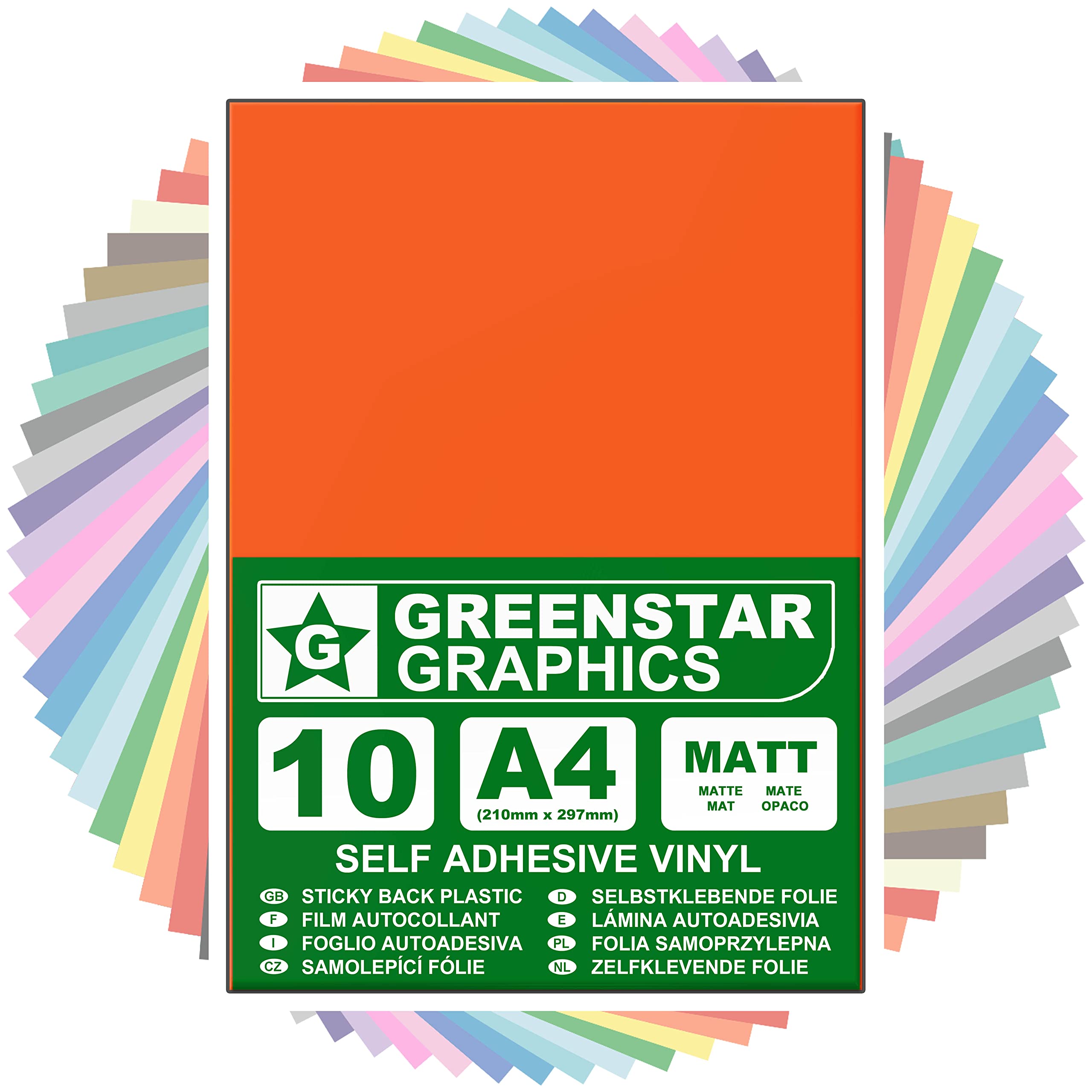 GREENSTAR GRAPHICS MATT A4 STICKY BACK PLASTIC SELF ADHESIVE ART & CRAFT VINYL (10 SHEET PACK). Compatible With 12” Cricut, Silhouette Cameo/Curio/Portrait, Scan N Cut (ORANGE MATT 10 A4)