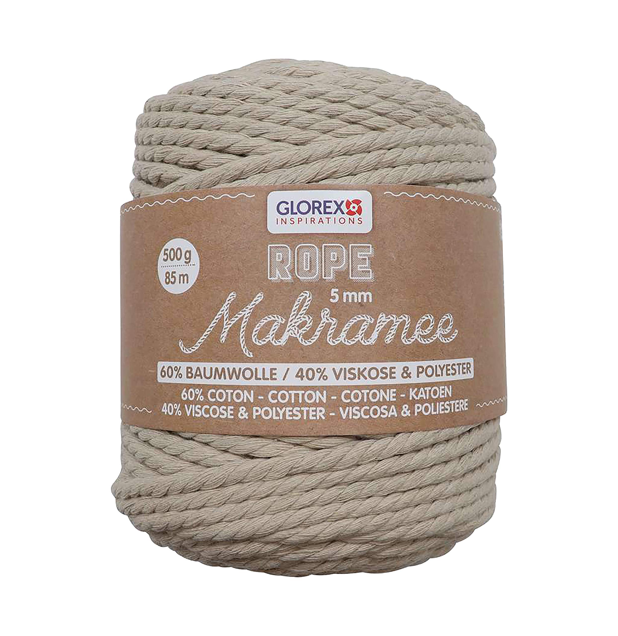 Glorex 5 1007 12 Macrame Rope 5 mm Super Soft Textile Yarn 60% Cotton / 40% Viscose for Crochet, Knitting, Knotting and Textile Design 500 g Approx. 85 m Twisted Taupe