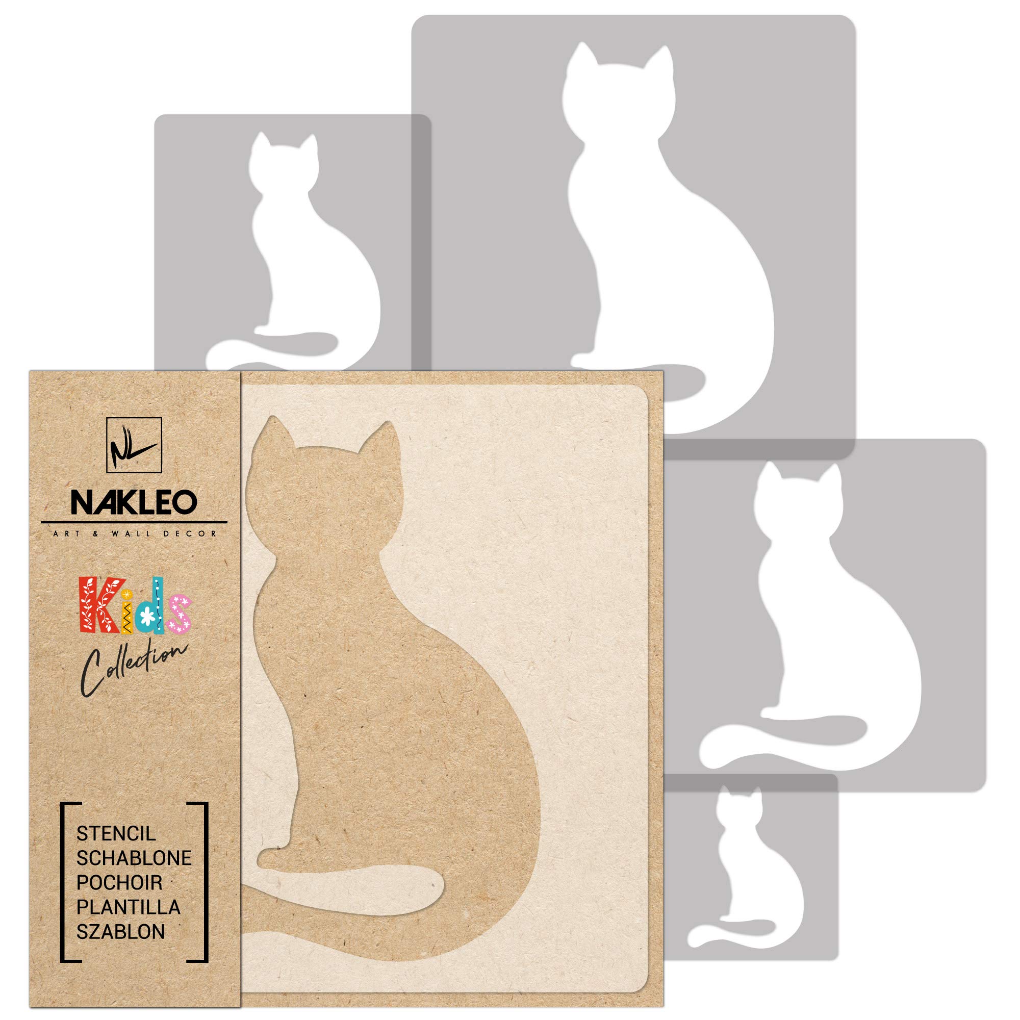 NAKLEO Painting Stencils Set for Nursery Room, 5 Pcs Templates 9x9 to 34x34cm Cat Kitten Animal, Plastic and Reusable Drawing Stencils, Decor, Craft DIY Wall Furniture