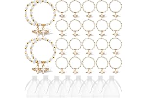 30 Pieces Angel Wing Cross Bracelet Favor with 30 Pieces White Organza Bags Acrylic Pearl Baptism Favor Stretch Bracelet Chri