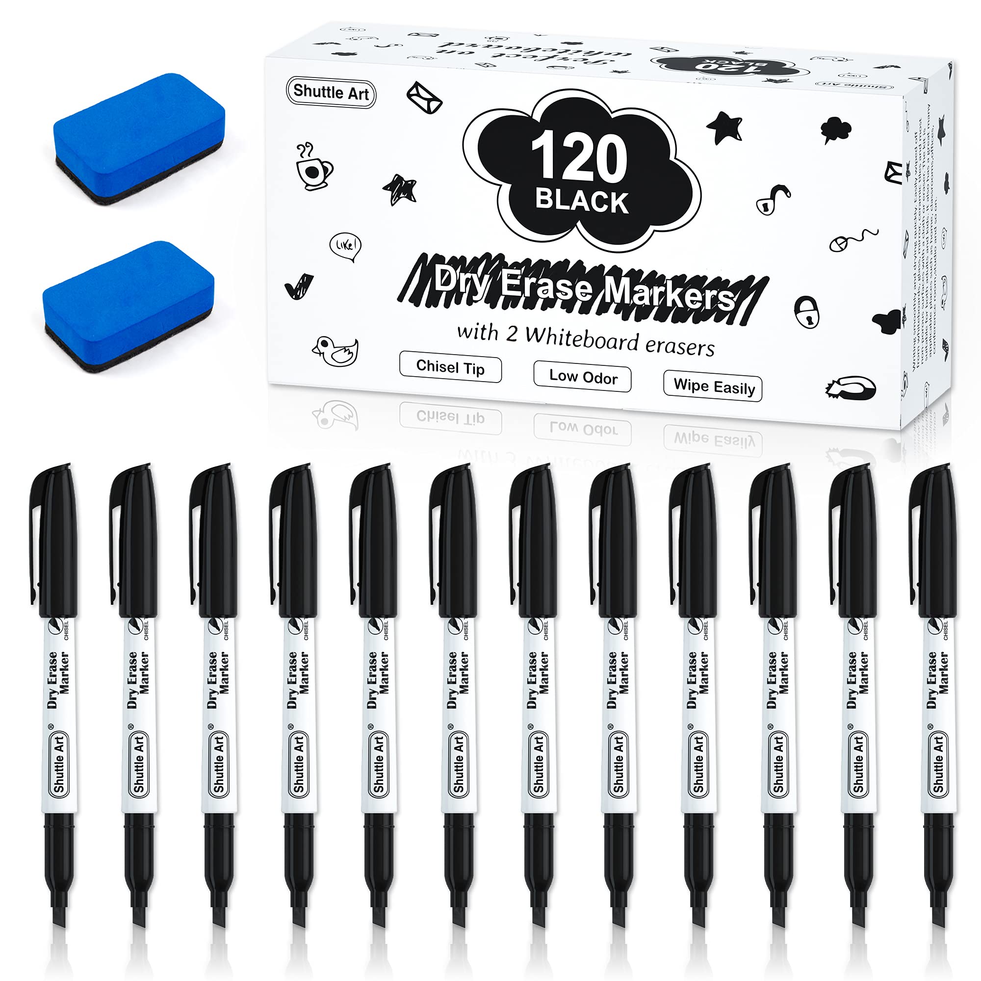 Shuttle Art 120 Pack Black Whiteboard Pens with 2 Erasers, Whiteboard Markers Crisel Tip, Dry Wipe White Board Pens for Kids Adults Writing on Whiteboards, Weekly Planner, Glass for School Office Home