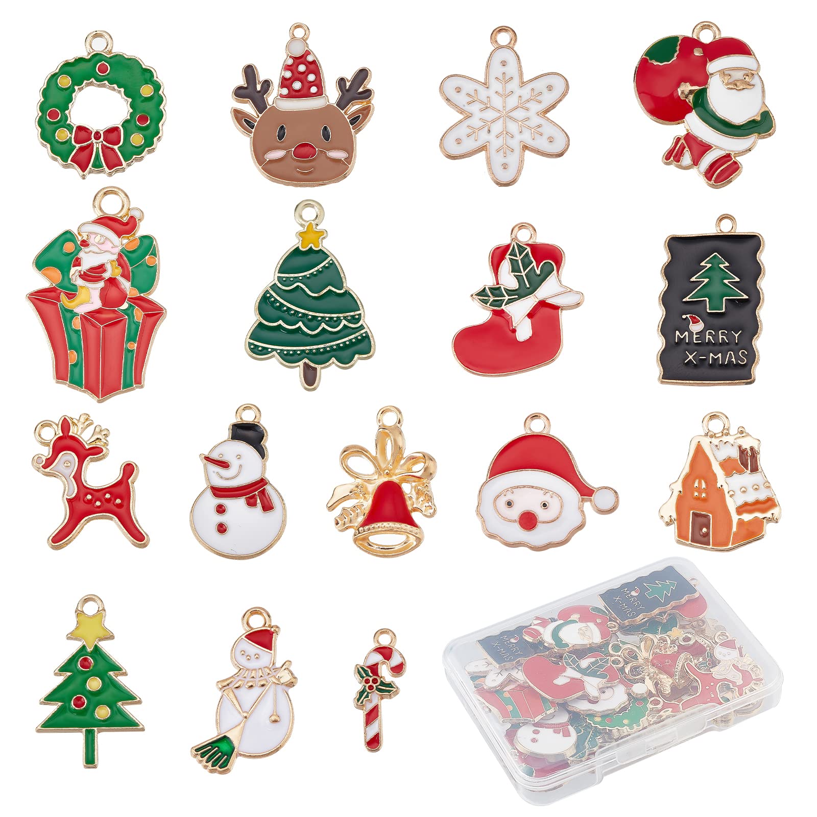 SUNNYCLUE 1 Box 32 Pcs 16 Style Enamel Christmas Charms Christmas Tree Charms Bulk Reindeer for Jewelry Making Candy Cane Glove Hat Socks Wreath Snowflake Mini House Gift Box Decor — image 1
