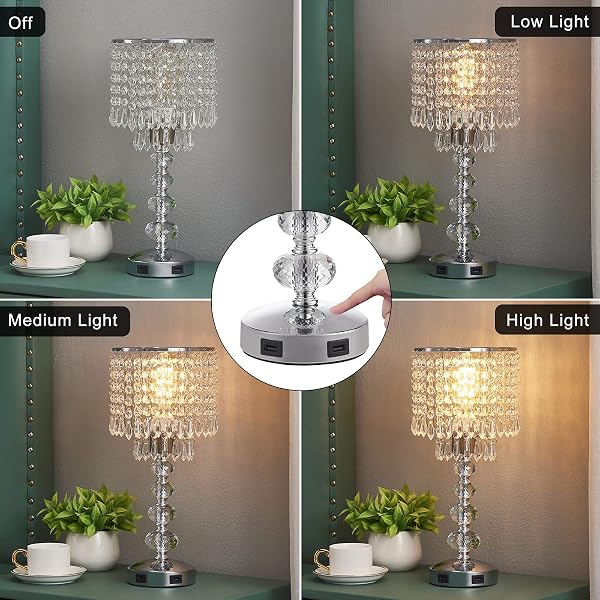 ACAXIN CRYSTAL TABLE LAMPS FOR BEDROOM NIGHTSTAND – TOUCH BEDSIDE LAMPS WITH TWO USB CHARGING PORTS SILVER, 3 WAY DIMMABLE SMALL GLAM LAMP FOR GIRLS, NIGHT STAND LAMP FOR LIVING ROOM