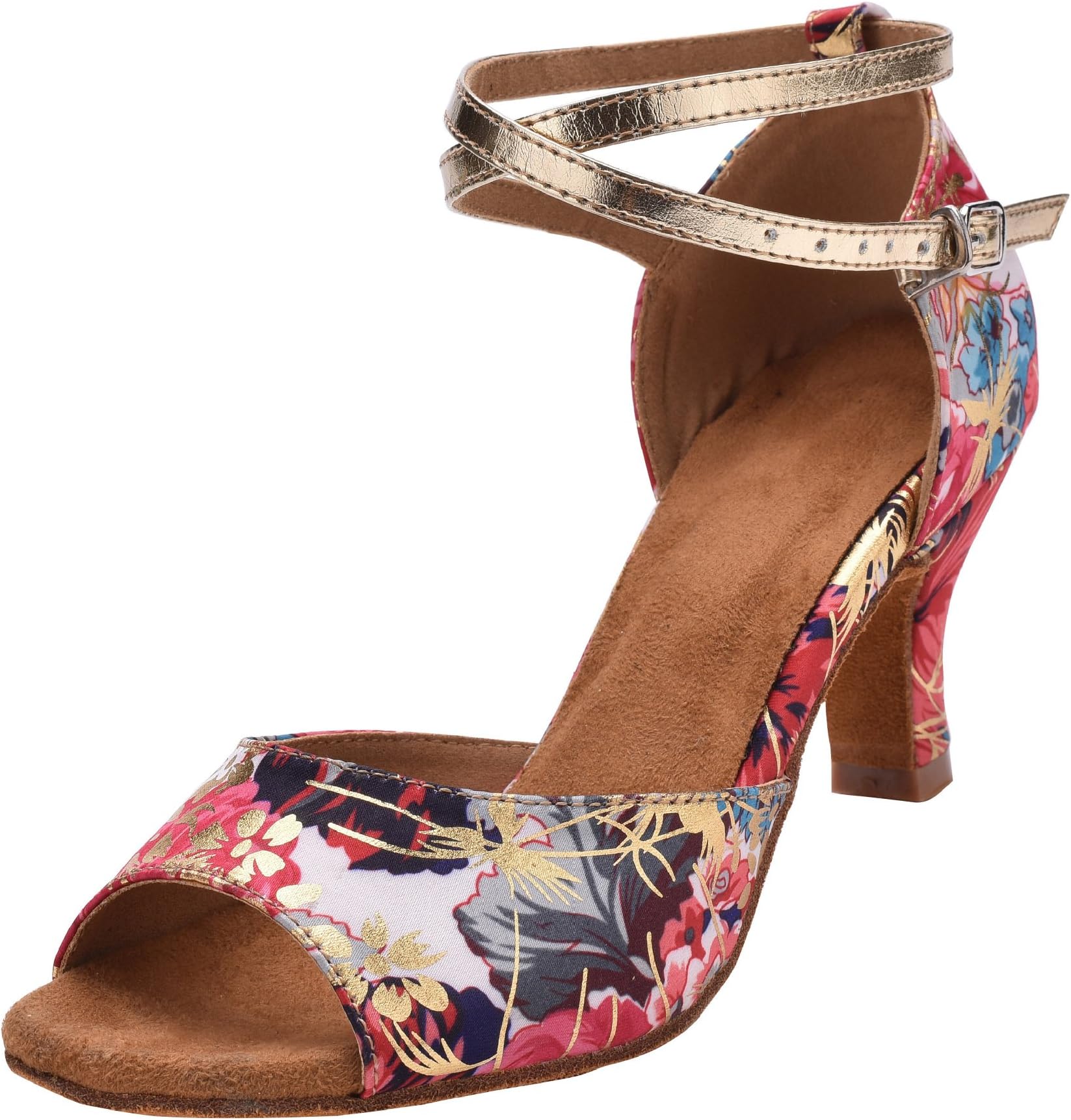 HXYOO Indoor Dance Shoes Women for Latin Ballroom Salsa Floral Satin 2.5" Heel