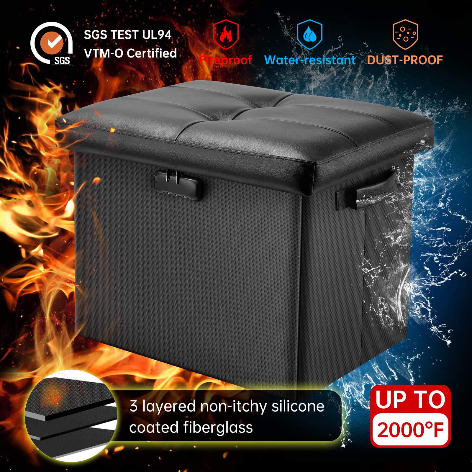 DocSafe Storage Ottoman with Lock,Fireproof Folding Ottoman Foot Rest Stool Storage Chest with Storage Safe for Important Documents,Waterproof 17 Inches Short Ottoman Foot Stool with Handles,Black - Image 4