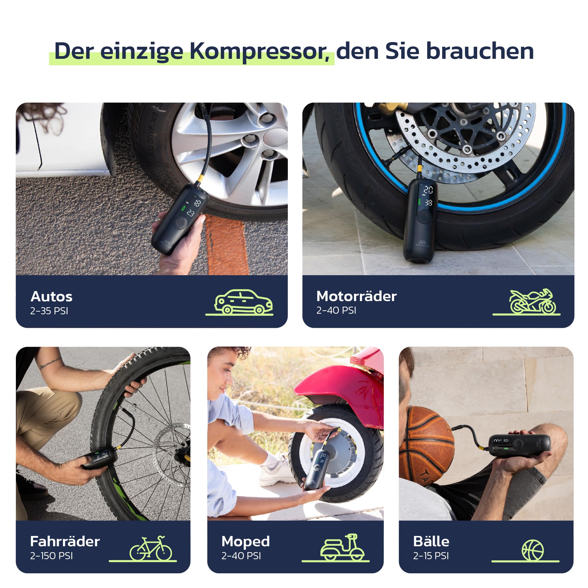 Woowind Luftpumpe Fahrrad für Auto, Fahrrad & Moto, Auto-Stopp, 10,3 BAR 6