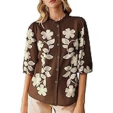 MakeMeChic Women's Floral Print Ruffle Collar Puff 3/4 Short Sleeve Button Down Blouse Shirt Tops