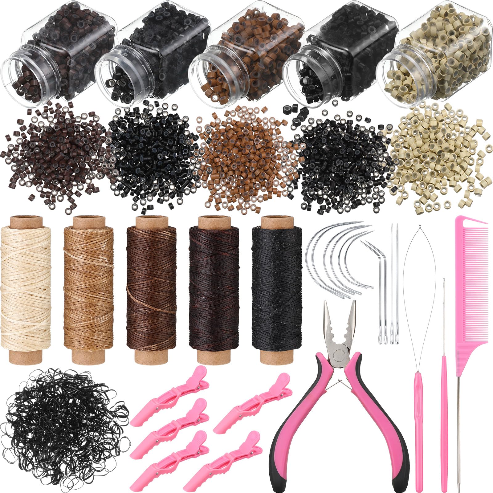 Photo 1 of Tigeen 30 Pcs Hair Extension Tools Kit 1 Plier 2500 Silicone Lined Micro Rings 5 Rolls Sewing Thread 10 C/J/I Needle 1 Threader 1 Crochet Hook 1 Comb 200 Rubber Bands and 5 Clips for Hair Styling
