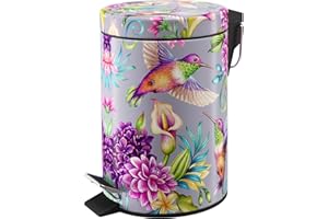 Sanilo Small Bathroom Trash Can with Lid [1.3 Gallon] - Lidded Tiny Trashcan for Garbage - Mini Metal Bin with Soft Closing Mechanism - Bath Room Accessoire Wastebin with Inner Bucket (Hummingbird)