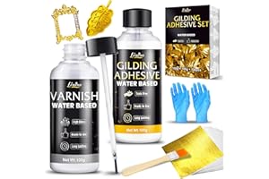 Gold Leaf Gilding Adhesive Kit - 3.5oz Water Based Glue and 3.5oz Varnish with Brush, Gold Foil Sheets 100 pcs, Gold Leaf Adh