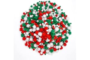 Lusy DM 1200 Pieces Christmas Pom Pom Glitter Pom Pom Balls Christmas Tinsel pom pom for Craft Making and Hobby Supplies (4 Sizes, White, Red, Green)