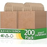 OEMVALATY 200 Pcs 8.3x4.3x10 Inch Medium Brown Paper Bags with Handles Bulk, Gift Wrap Bags Kraft Paper Bags for Birthday Party Favors Grocery Retail Business Shopping Merchandise Goody Craft Bags